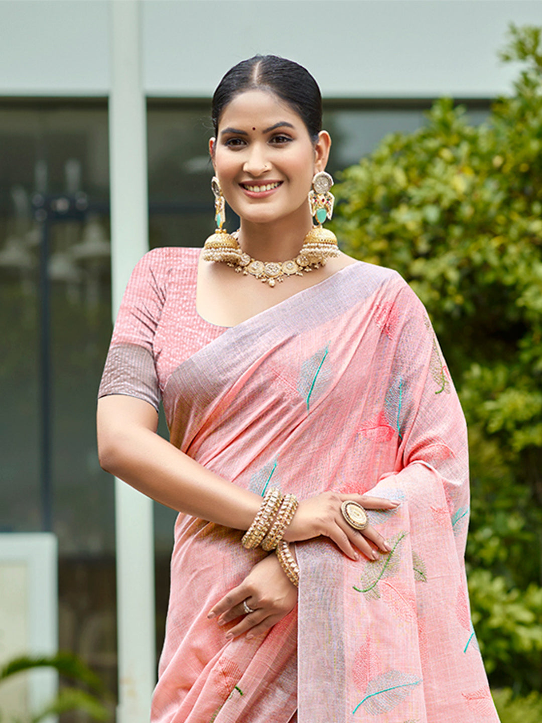 Sangam Prints Peach Linen Woven Work Traditional Saree