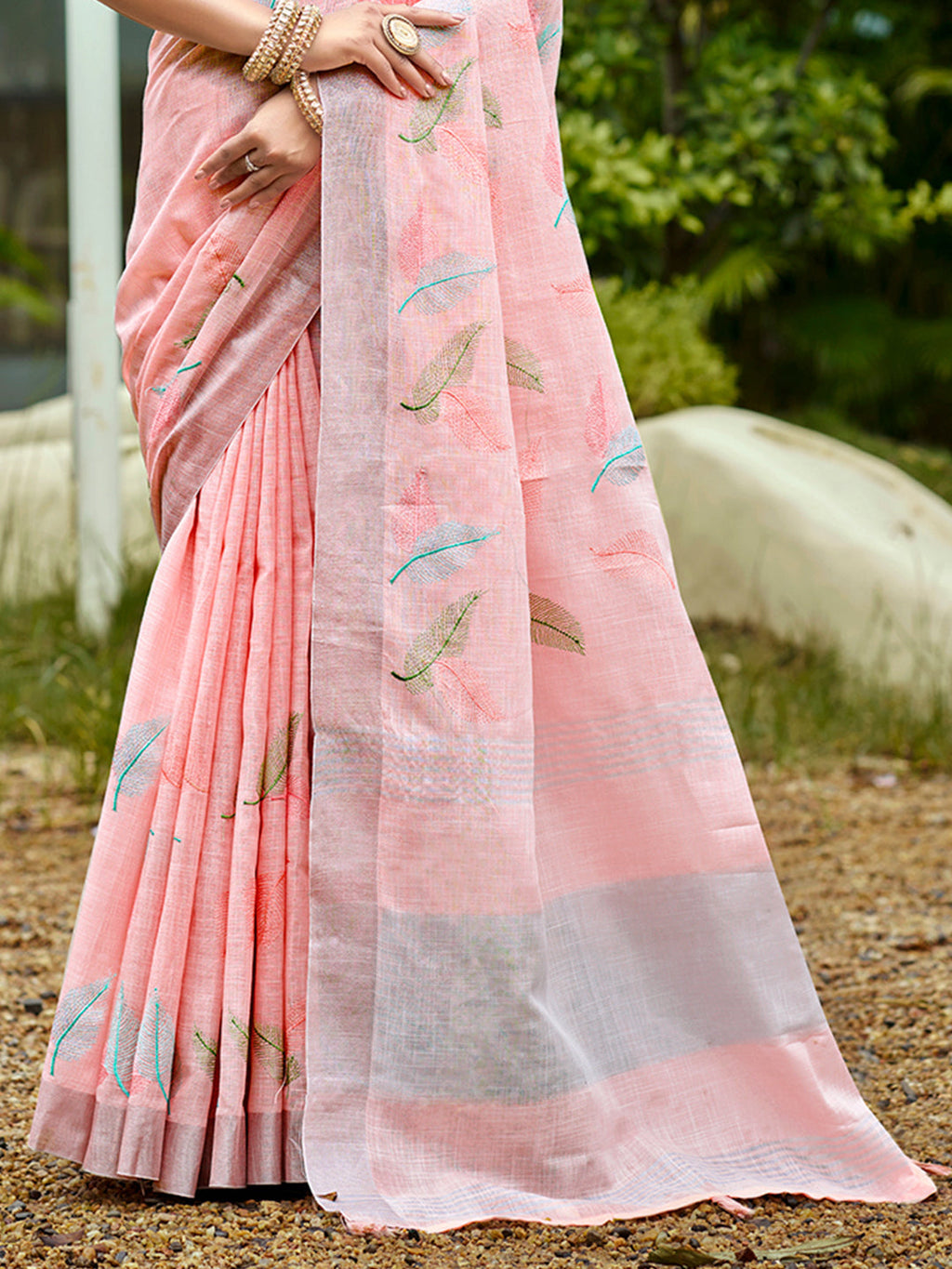 Sangam Prints Peach Linen Woven Work Traditional Saree