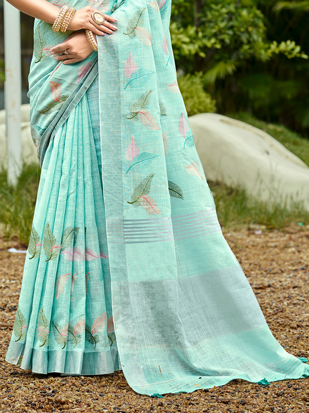 Sangam Prints Aqua Blue Linen Woven Work Traditional Saree