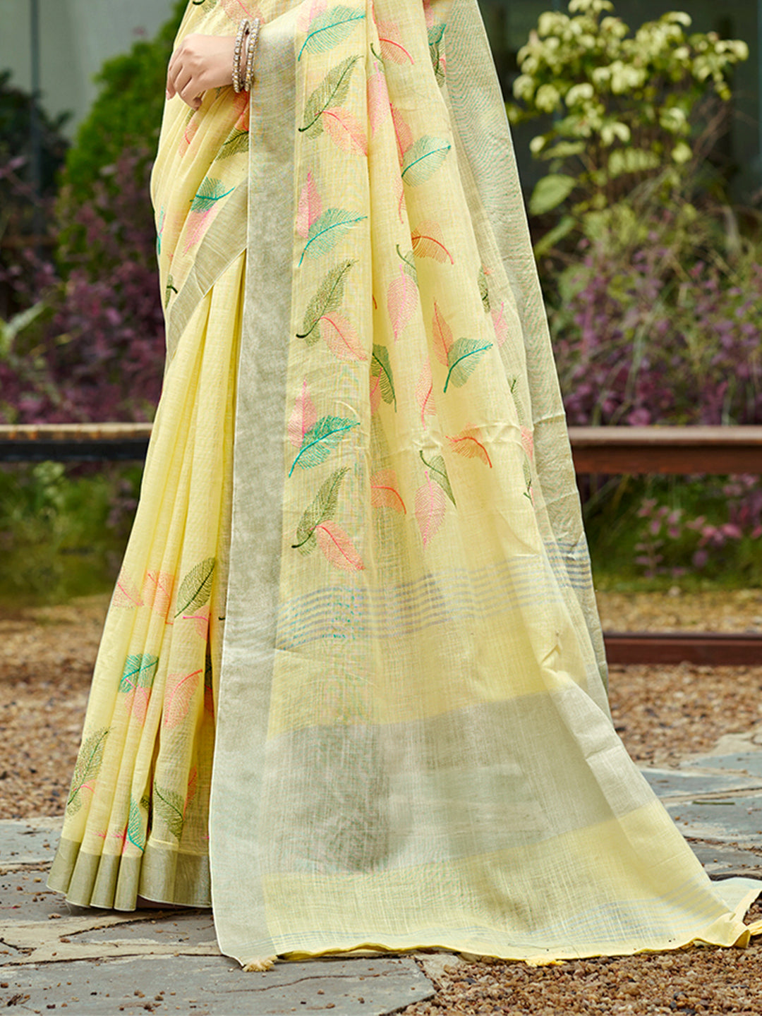 Sangam Prints Yellow Linen Woven Work Traditional Saree