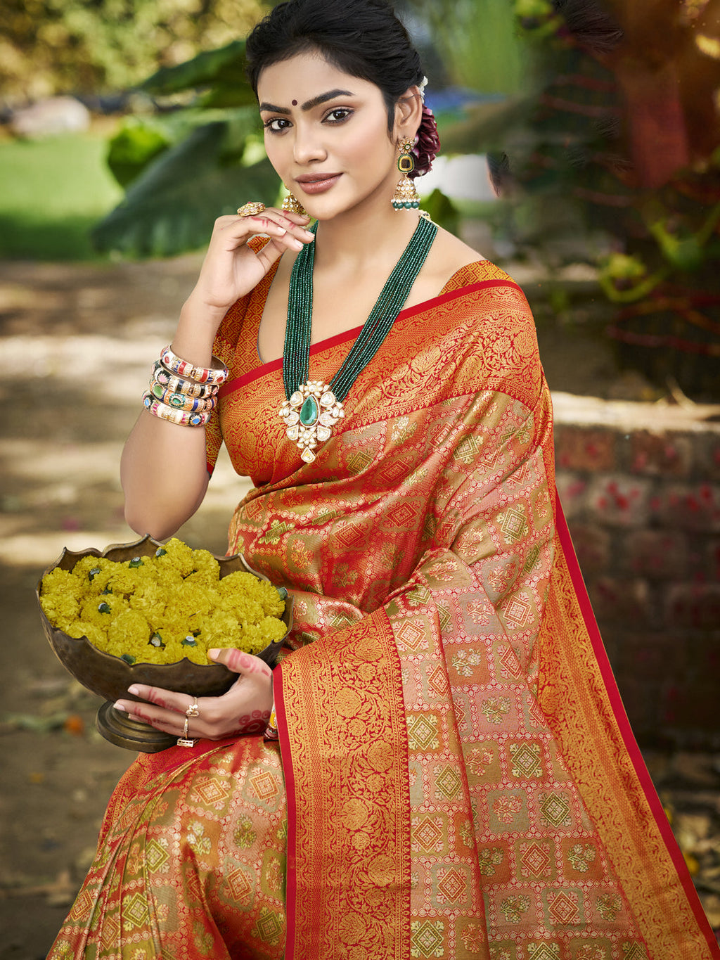 Sangam Prints Orange Silk Woven Work Traditional Saree