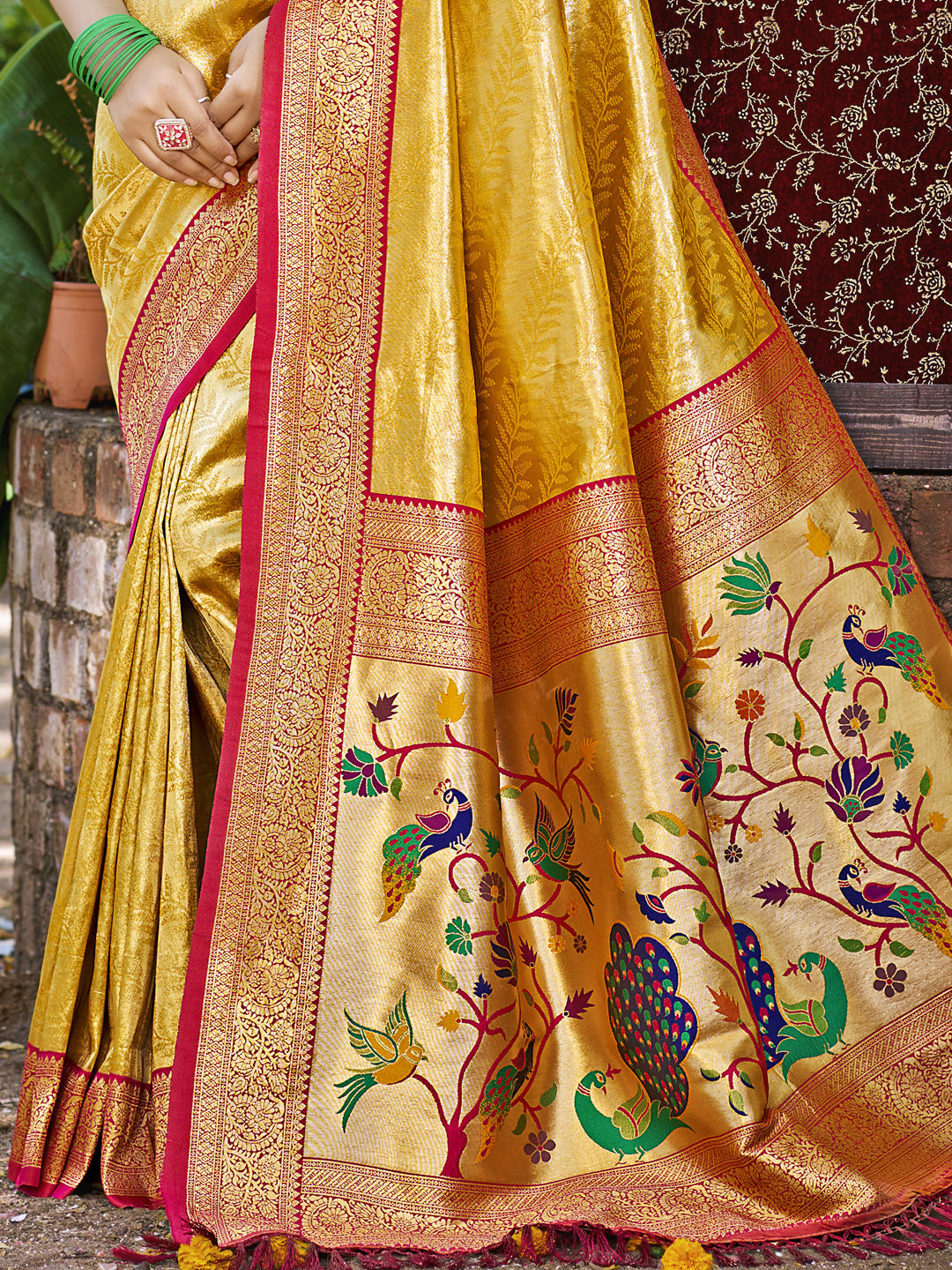 Sangam Prints Mustard Kanjivaram Silk Woven Work Traditional Saree