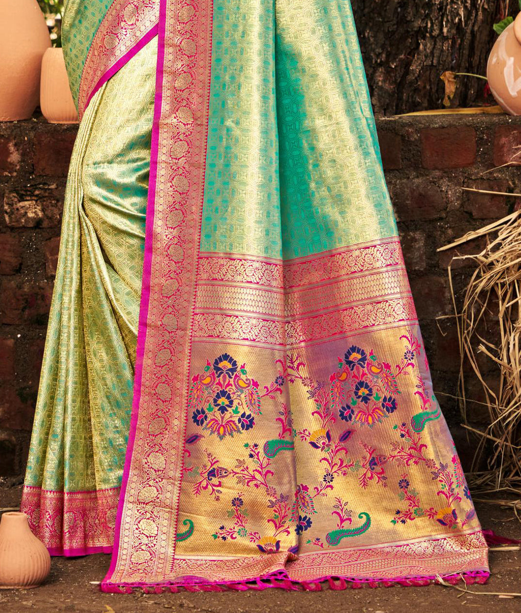 Sangam Prints Multi Color Kanjivaram Silk Woven Work Traditional Saree
