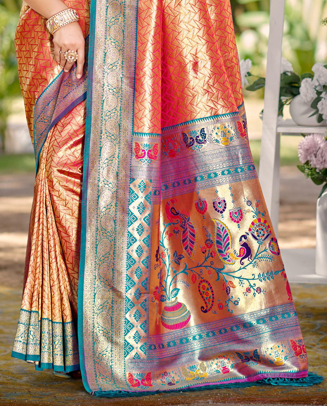 Sangam Prints Multi Color Kanjivaram Silk Woven Work Traditional Saree