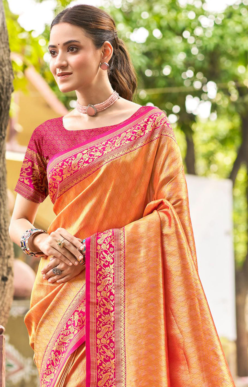 Sangam Prints Multi Color Kanjivaram Silk Woven Work Traditional Saree
