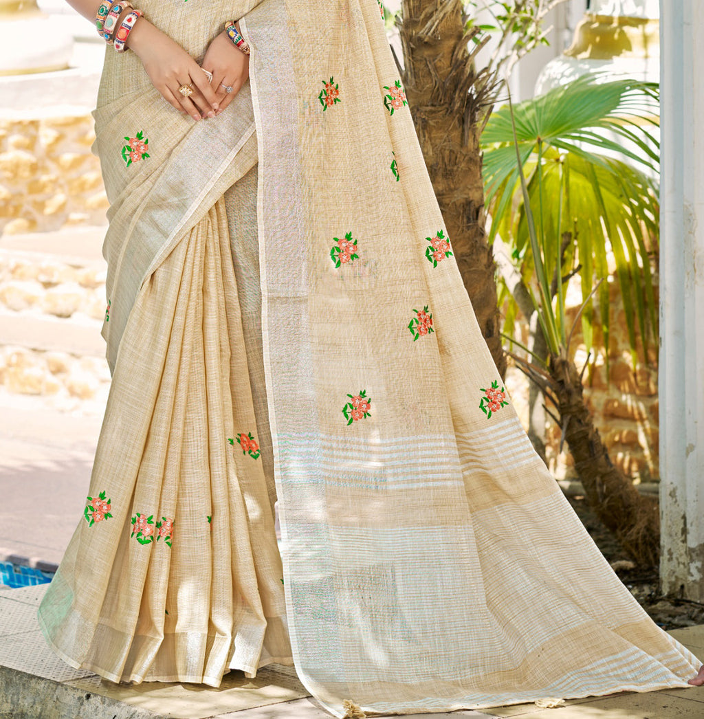 Sangam Prints Crem Linen Woven Work Traditional Saree