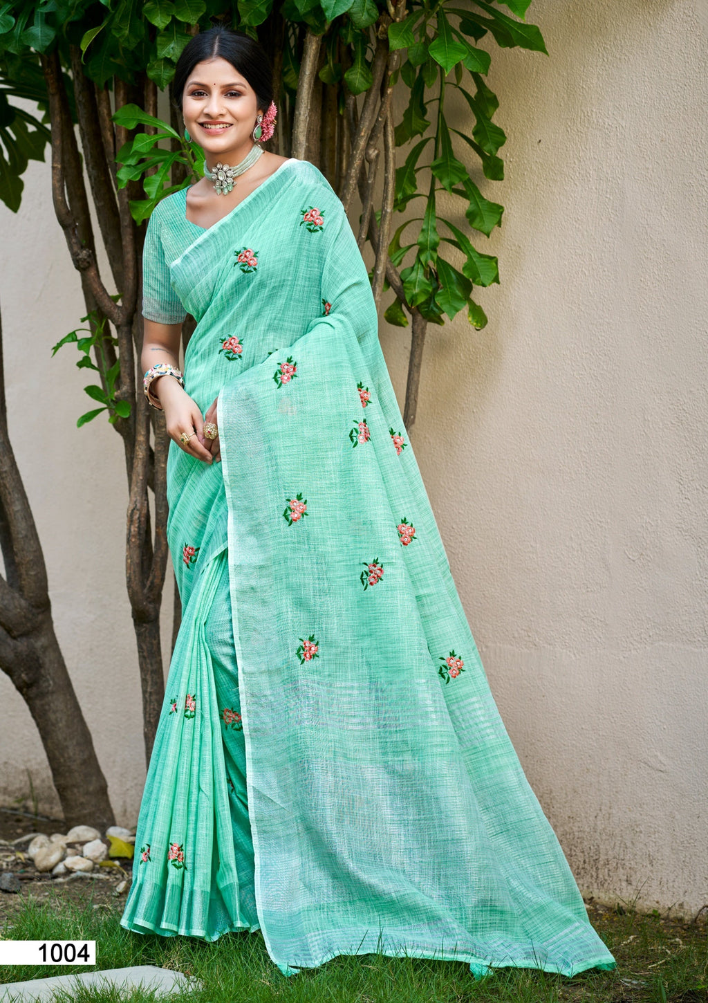 Sangam Prints Sea Green Linen Woven Work Traditional Saree