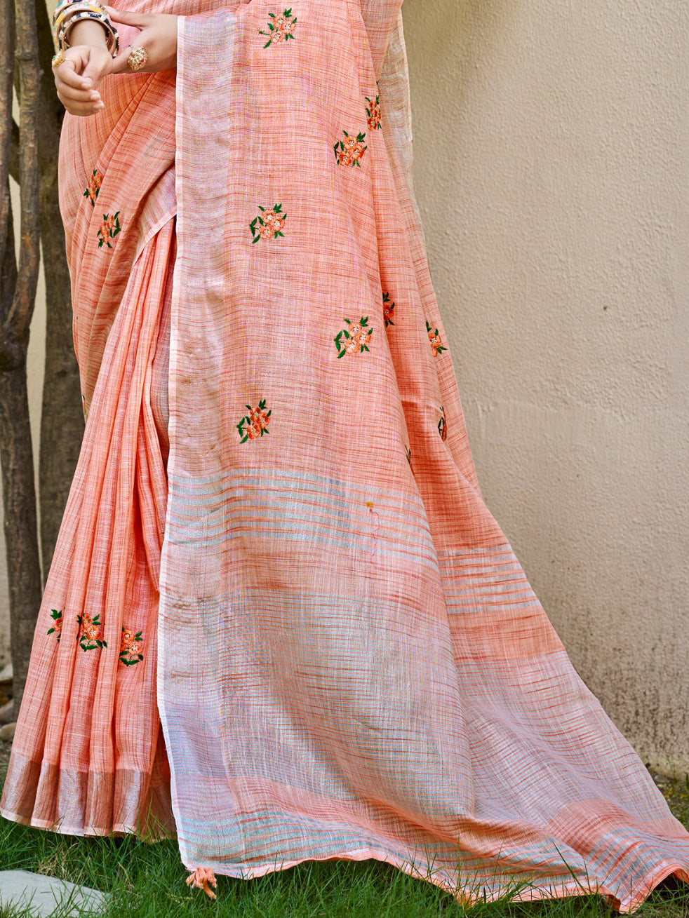 Sangam Prints Peach Linen Woven Work Traditional Saree