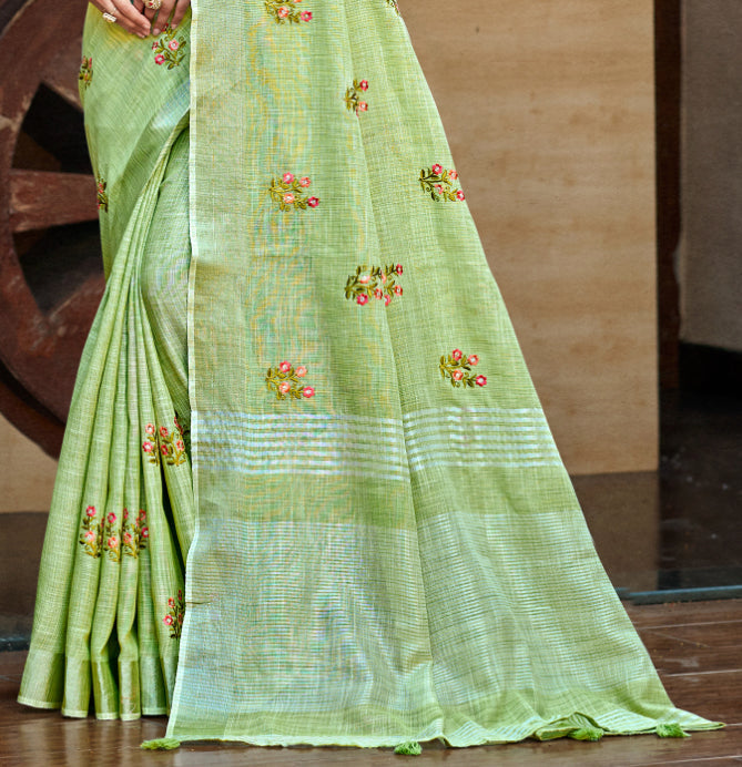 Sangam Prints Olive Green Linen Woven Work Traditional Saree