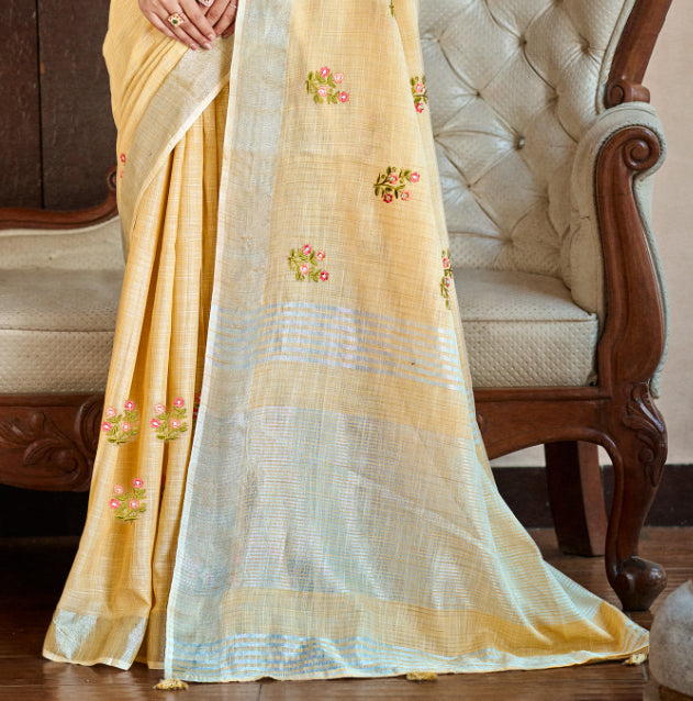 Sangam Prints Mustard Linen Woven Work Traditional Saree