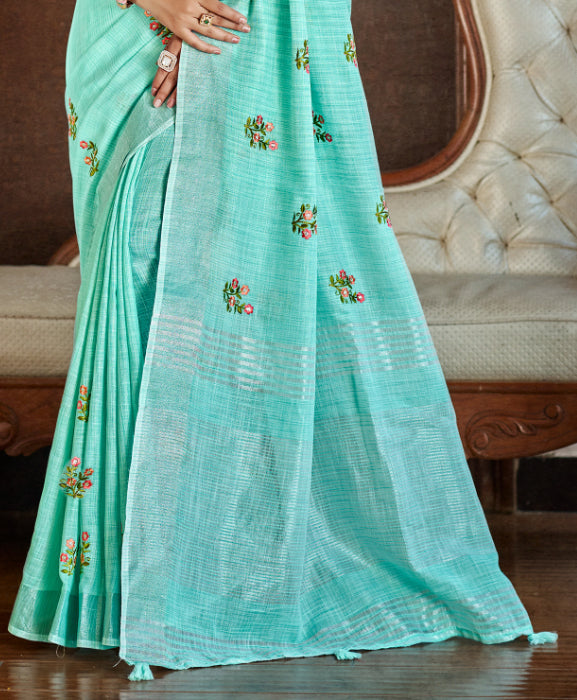 Sangam Prints Sea Green Linen Woven Work Traditional Saree