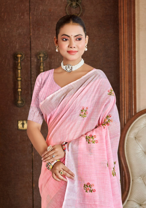 Sangam Prints Pink Linen Woven Work Traditional Saree