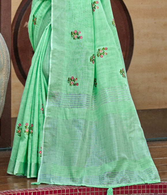 Sangam Prints Bottle Green Linen Woven Work Traditional Saree