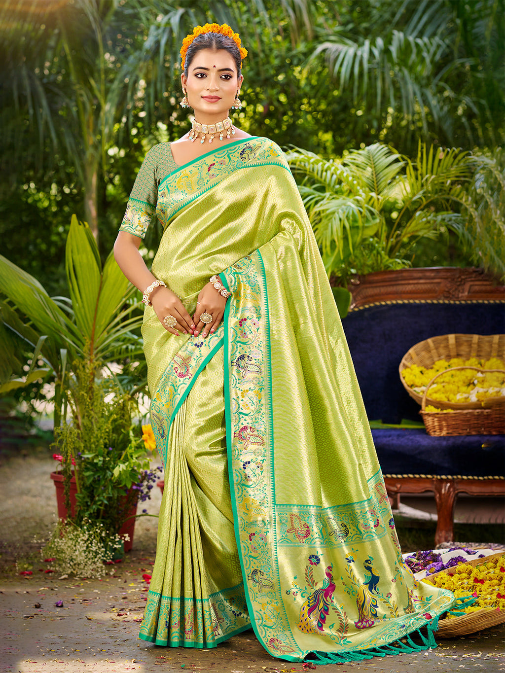Sangam Prints Parrot Green Silk Woven Work Traditional Saree