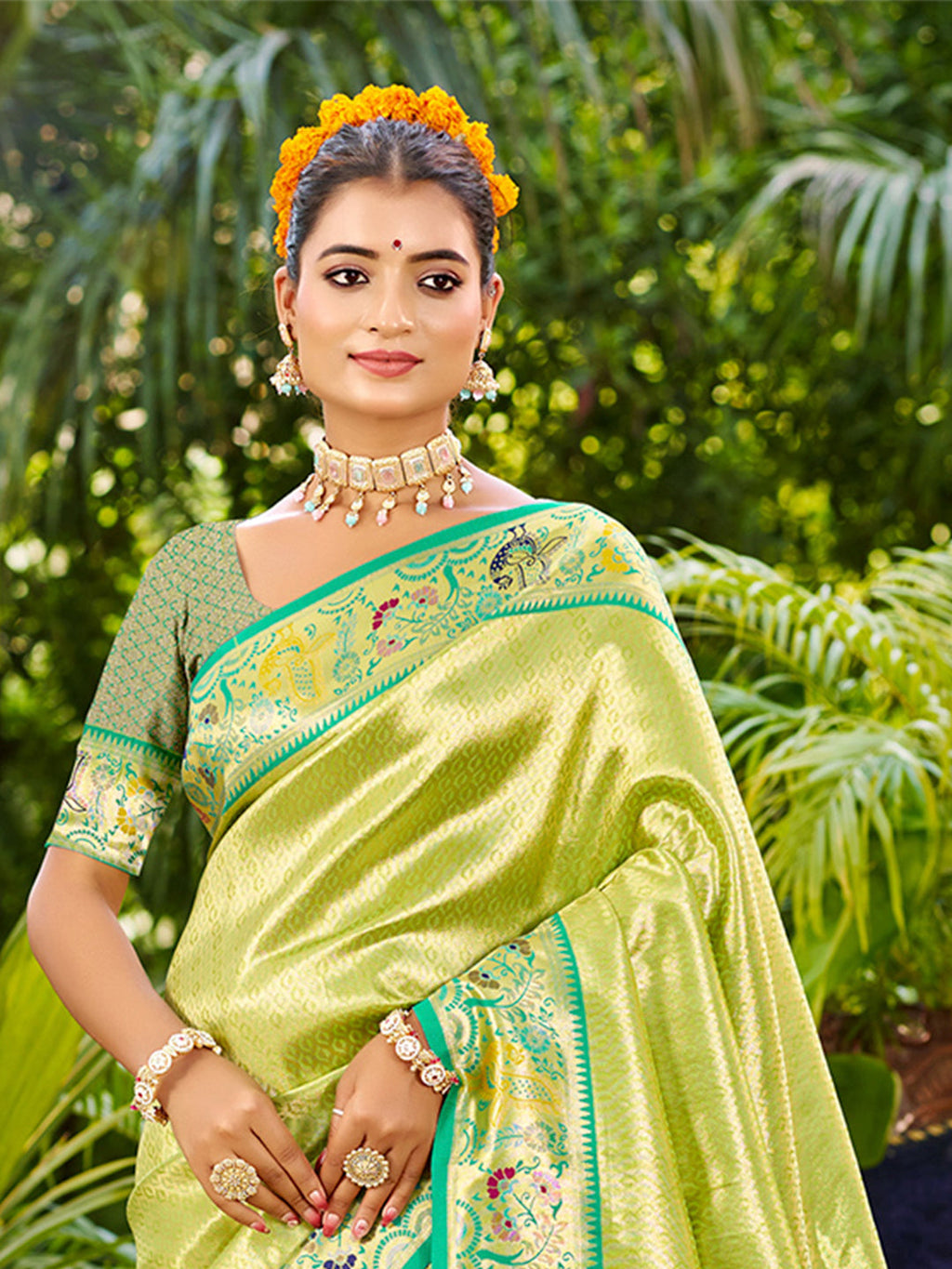 Sangam Prints Parrot Green Silk Woven Work Traditional Saree