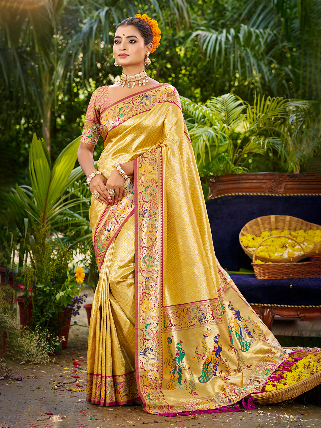Sangam Prints Yellow Silk Woven Work Traditional Saree