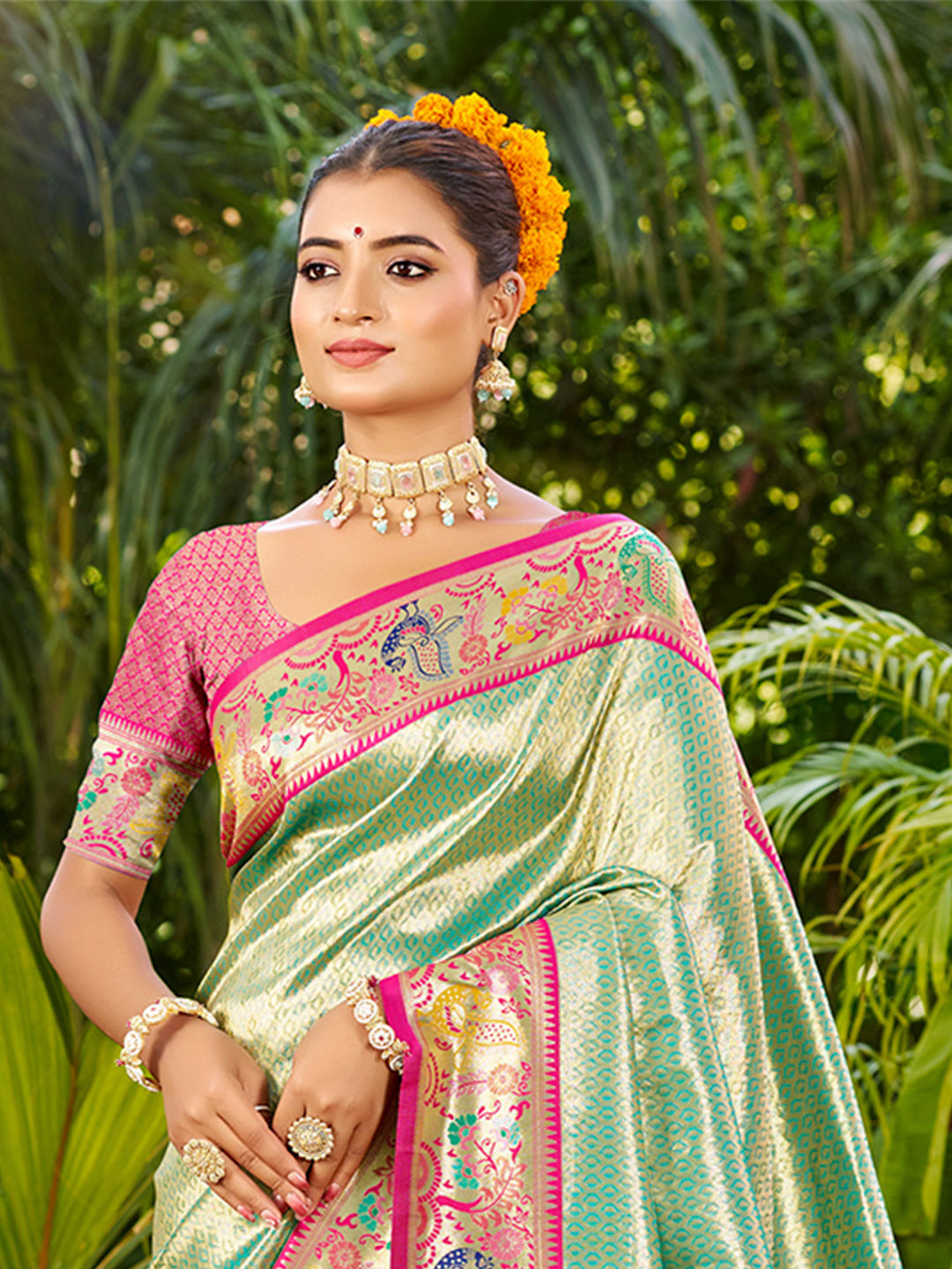 Sangam Prints Dark Green Silk Woven Work Traditional Saree