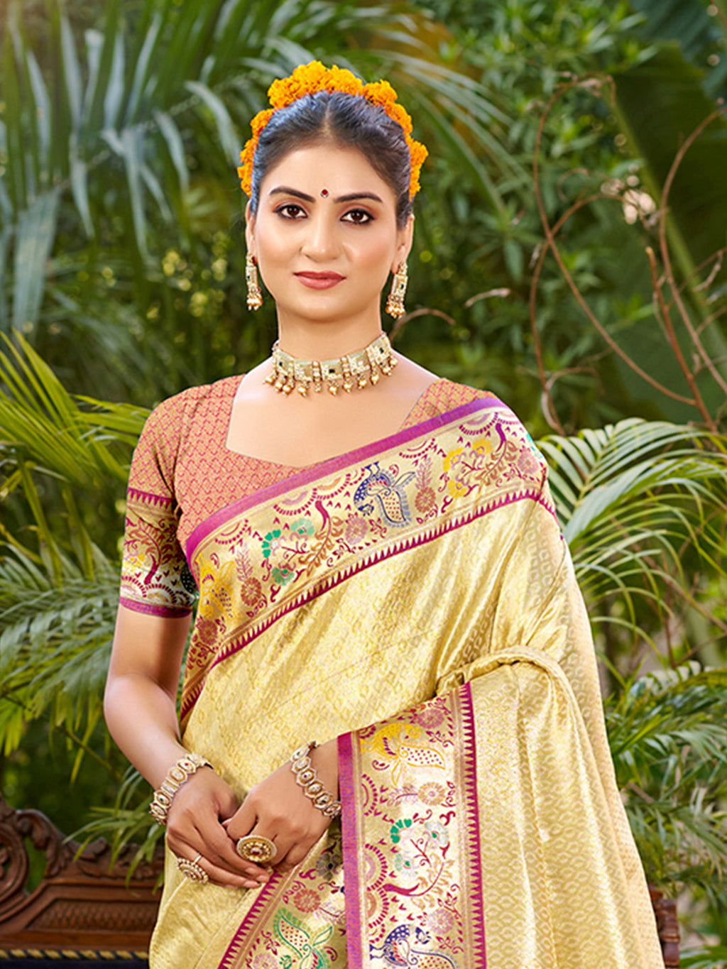 Sangam Prints Beige Silk Woven Work Traditional Saree