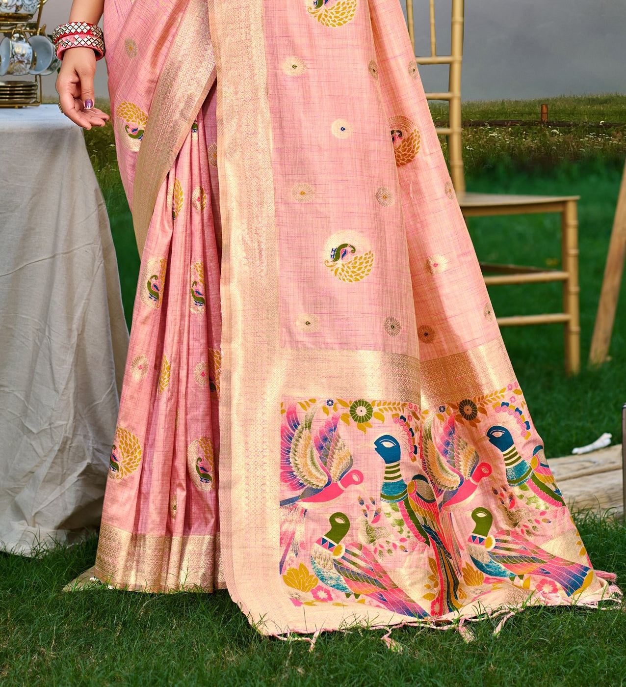 Sangam Prints Pink Heavy Assam Silk Saree With Meena Woven Work Traditional Saree