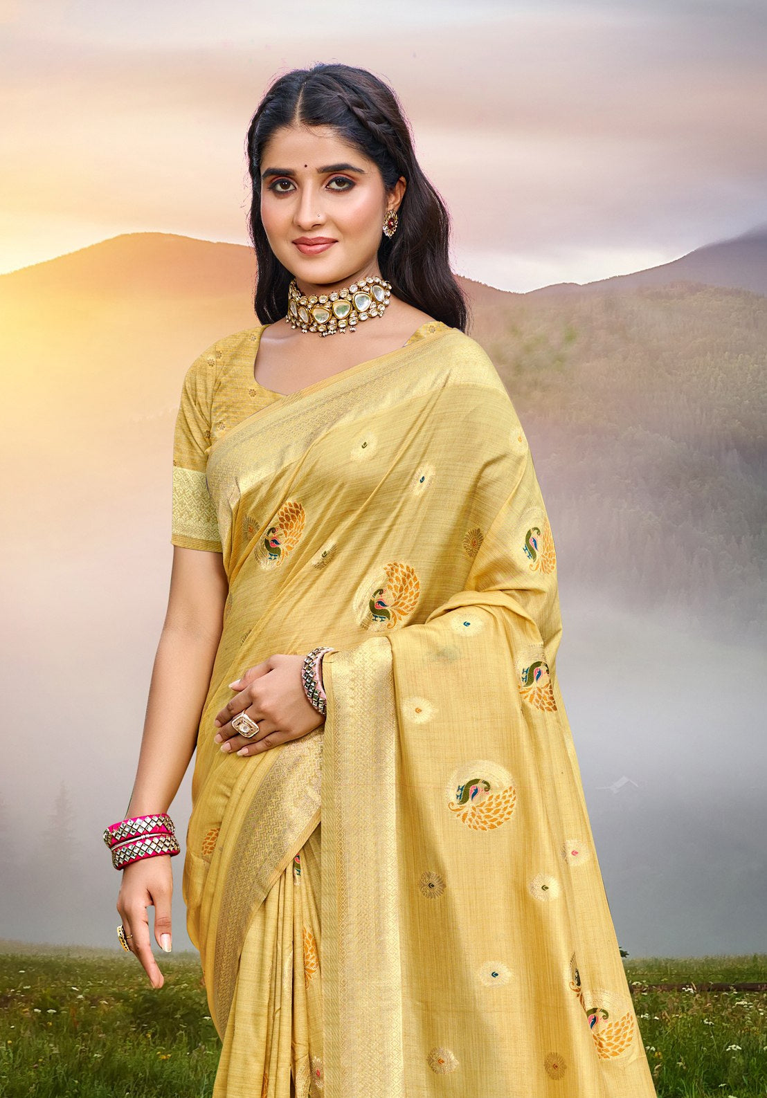 Sangam Prints Yellow Heavy Assam Silk Saree With Meena Woven Work Traditional Saree