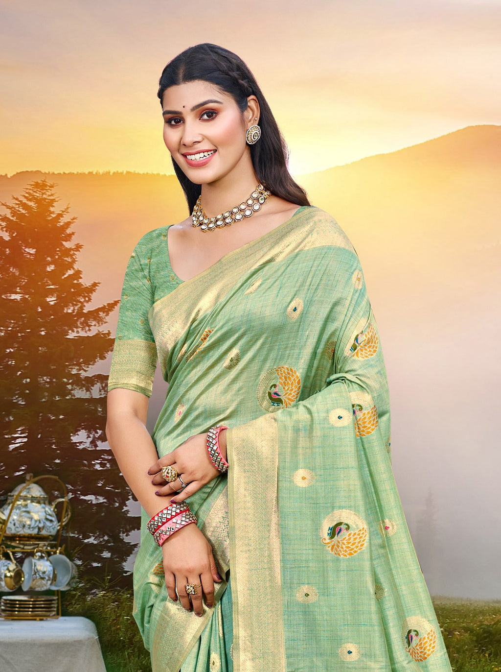 Sangam Prints Sea Green Heavy Assam Silk Saree With Meena Woven Work Traditional Saree