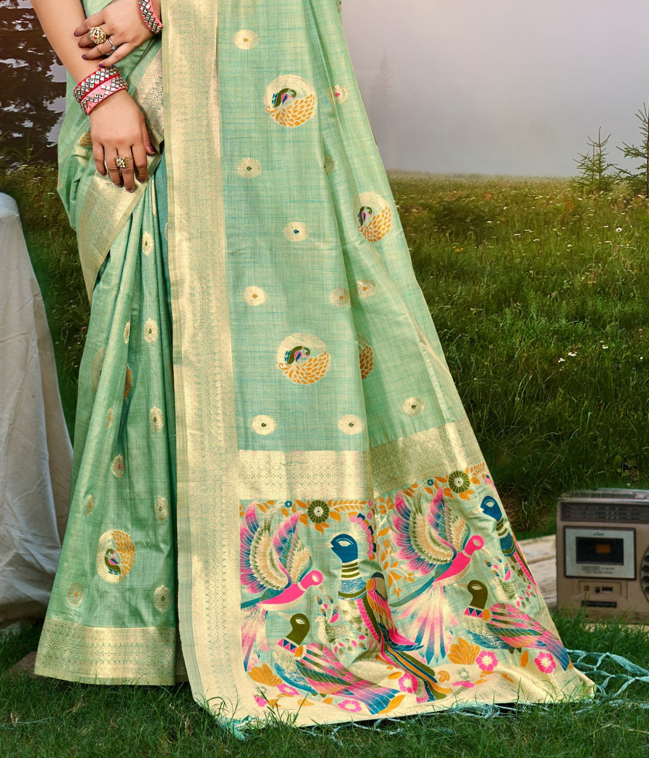 Sangam Prints Sea Green Heavy Assam Silk Saree With Meena Woven Work Traditional Saree
