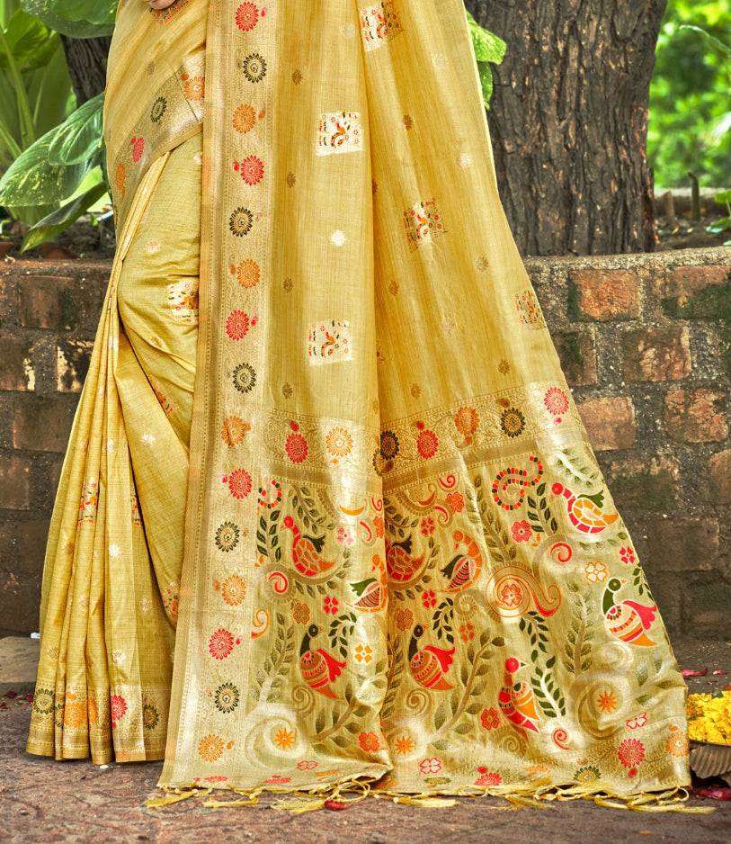 Sangam Prints Yellow Heavy Assam Silk Saree With Meena Woven Work Traditional Saree