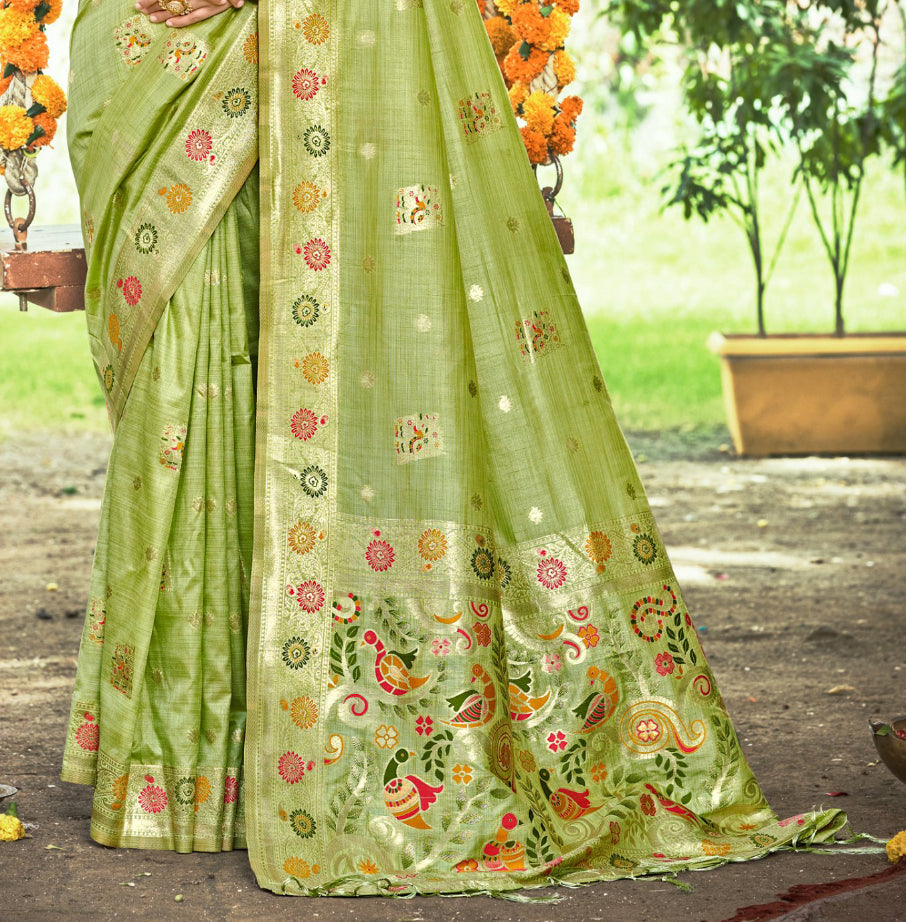 Sangam Prints Green Heavy Assam Silk Saree With Meena Woven Work Traditional Saree