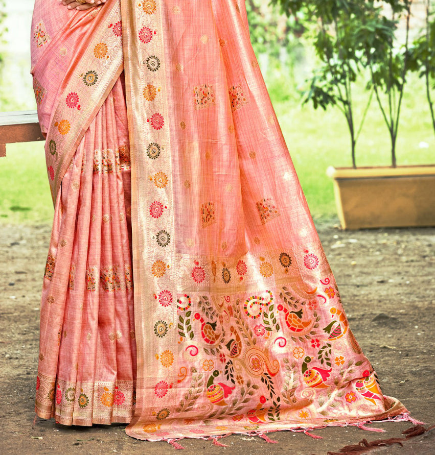 Sangam Prints Peach Heavy Assam Silk Saree With Meena Woven Work Traditional Saree