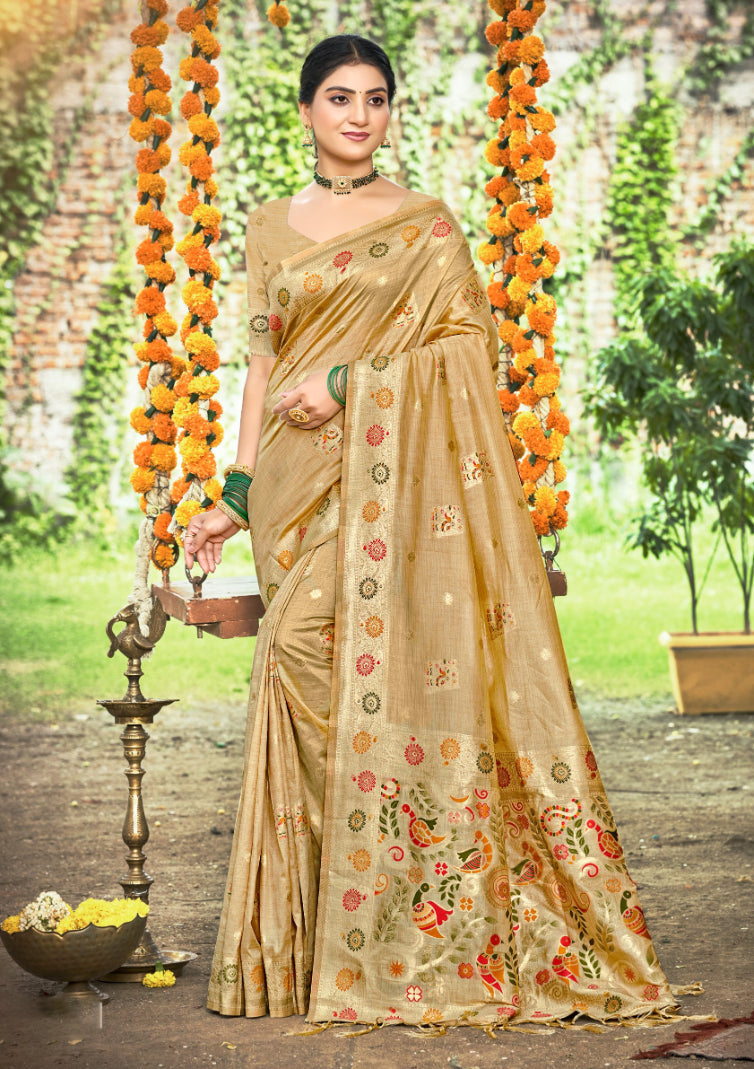 Sangam Prints Chiku Havy Assam Silk Saree With Meena Woven Work Traditional Saree