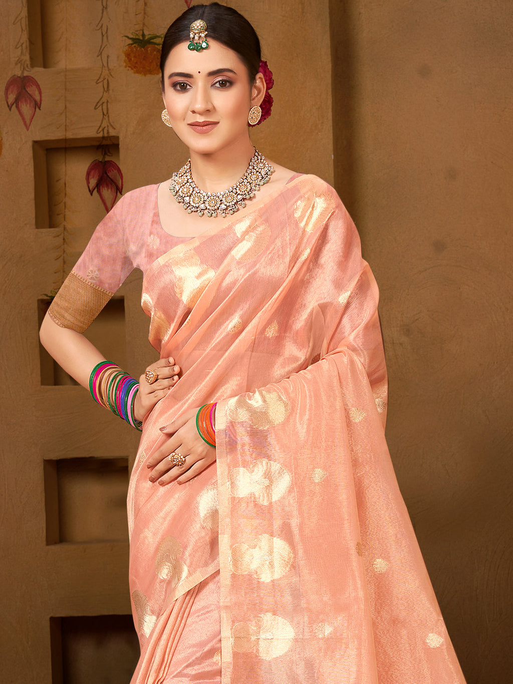 Sangam Prints Peach Munga Kota Woven Work Traditional Saree