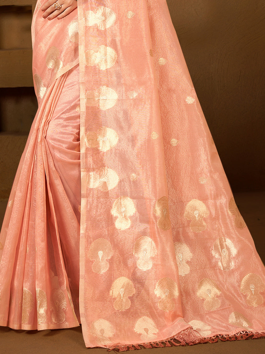 Sangam Prints Peach Munga Kota Woven Work Traditional Saree