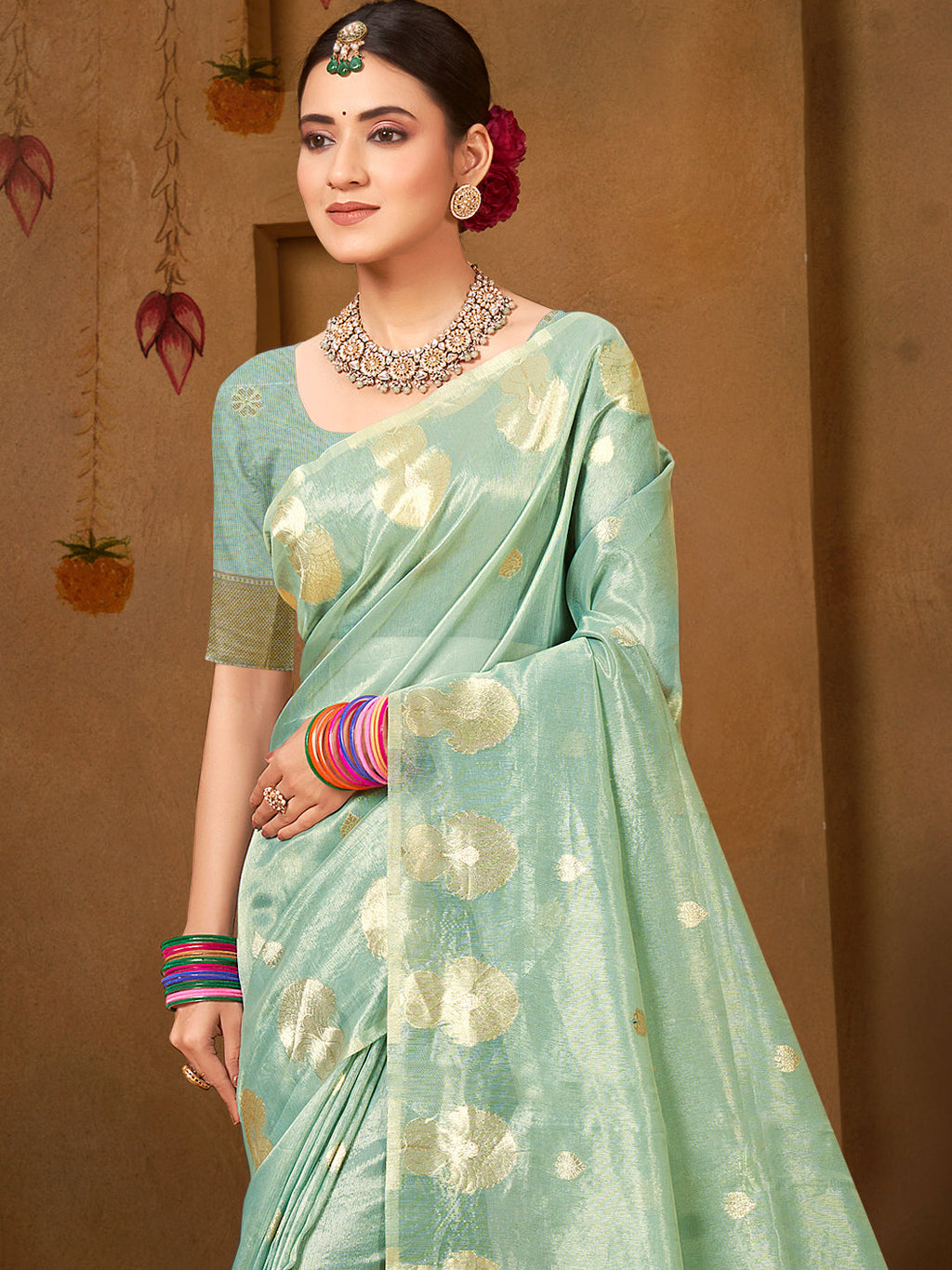 Sangam Prints Sea Green Munga Kota Woven Work Traditional Saree