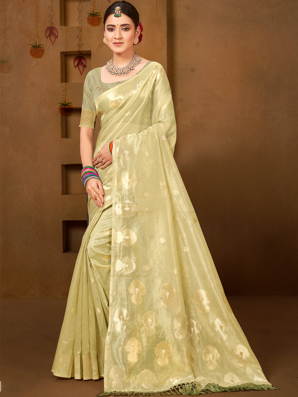 Sangam Prints Olive Green Munga Kota Woven Work Traditional Saree