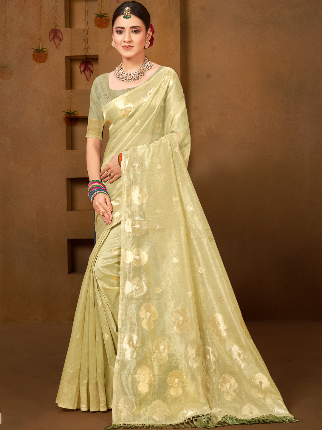 Sangam Prints Olive Green Munga Kota Woven Work Traditional Saree
