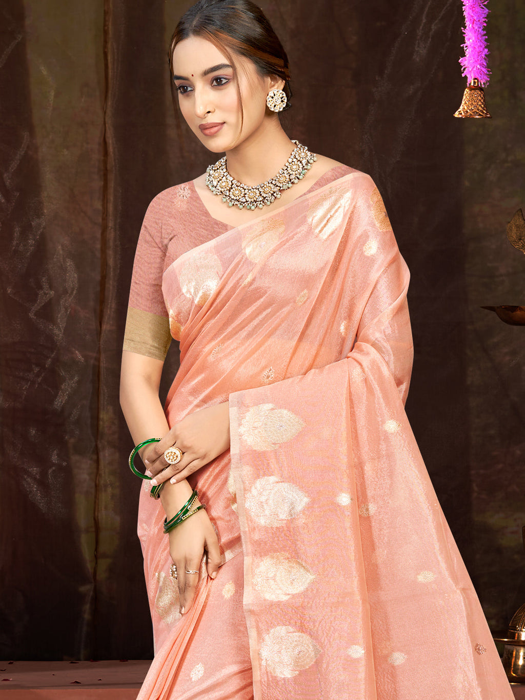 Sangam Prints Peach Munga Kota Woven Work Traditional Saree