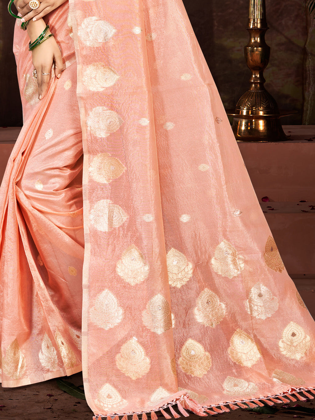 Sangam Prints Peach Munga Kota Woven Work Traditional Saree