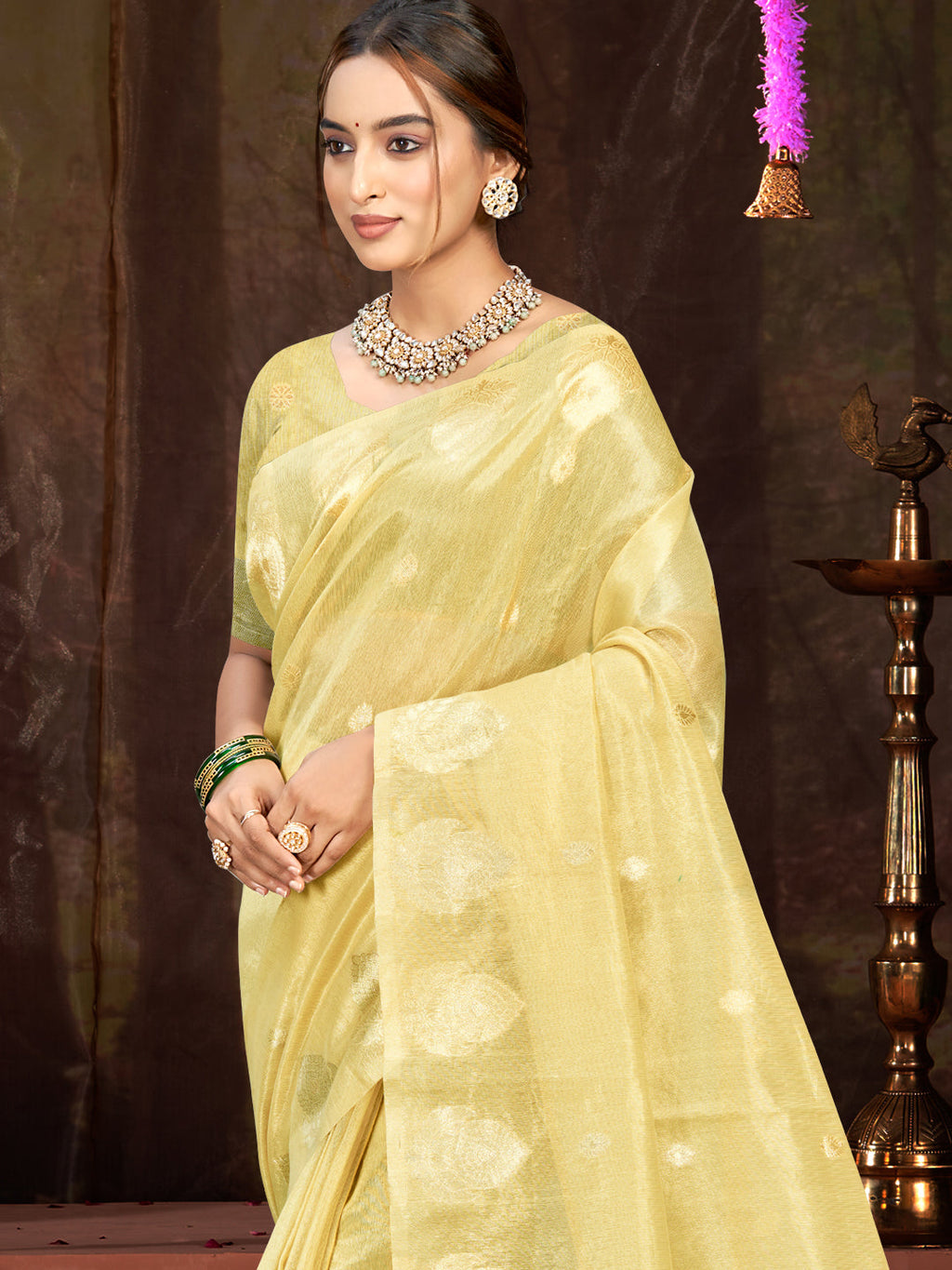 Sangam Prints Yellow Munga Kota Woven Work Traditional Saree