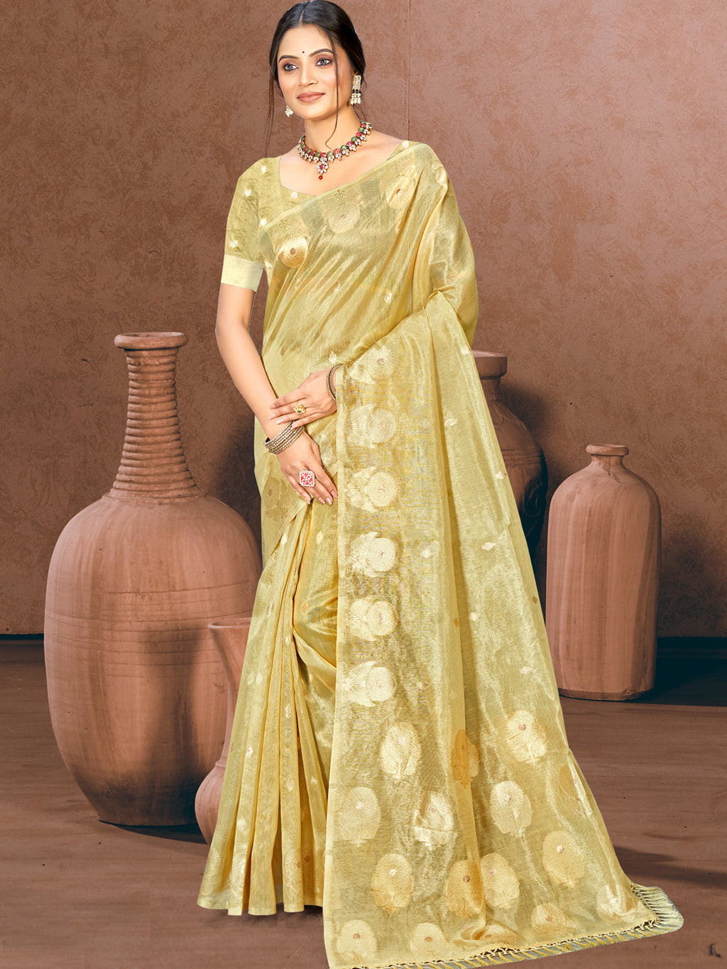Sangam Prints Golden Munga Kota Woven Work Traditional Saree