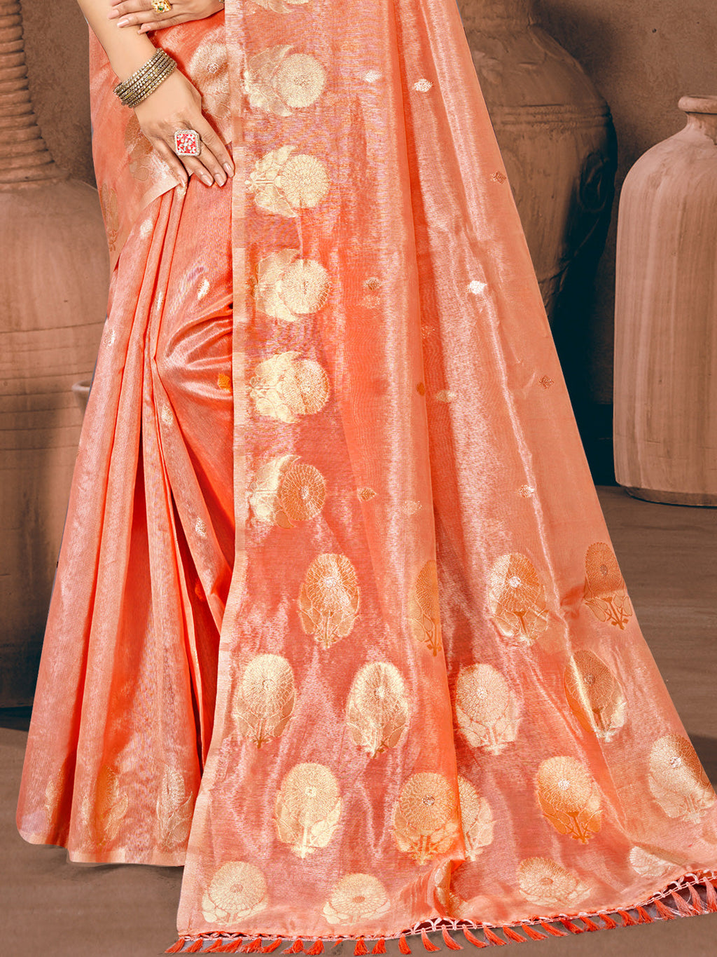Sangam Prints Peach Munga Kota Woven Work Traditional Saree