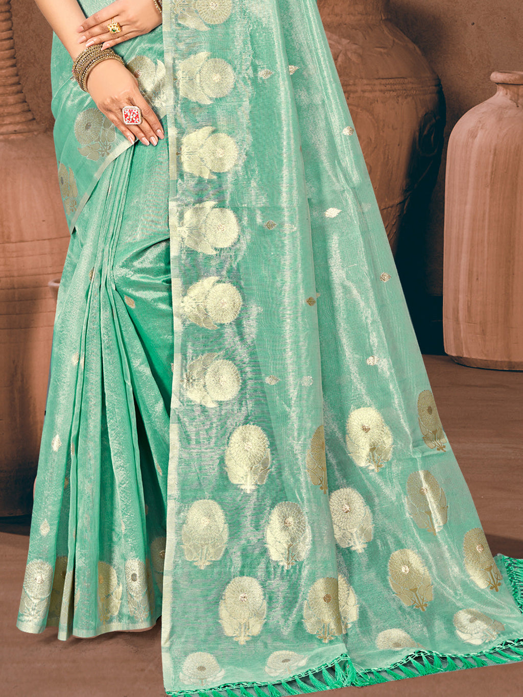 Sangam Prints Sea Green Munga Kota Woven Work Traditional Saree