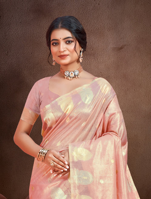 Sangam Prints Peach Munga Kota Woven Work Traditional Saree