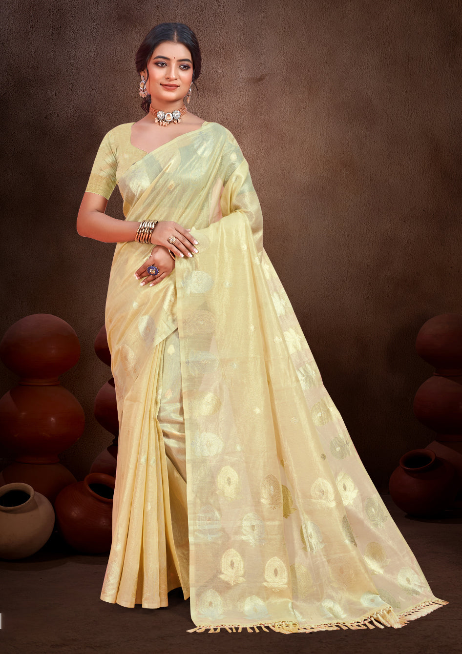 Sangam Prints Golden Munga Kota Woven Work Traditional Saree