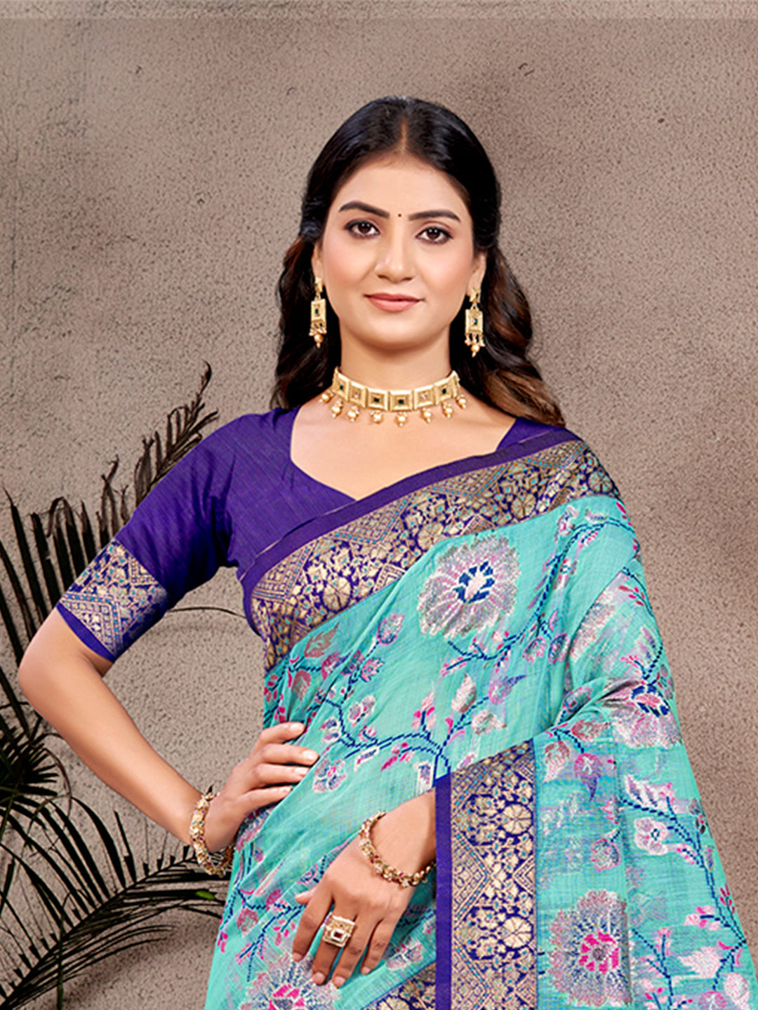 Sangam Prints Sky Blue Cotton Silk With Meena Woven Work Traditional Saree