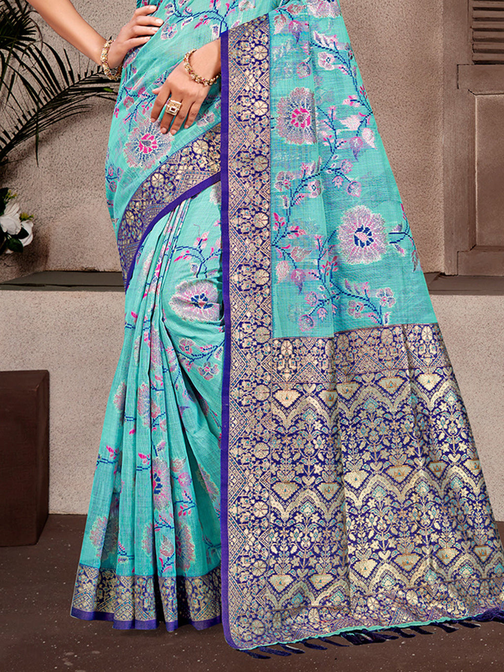 Sangam Prints Sky Blue Cotton Silk With Meena Woven Work Traditional Saree