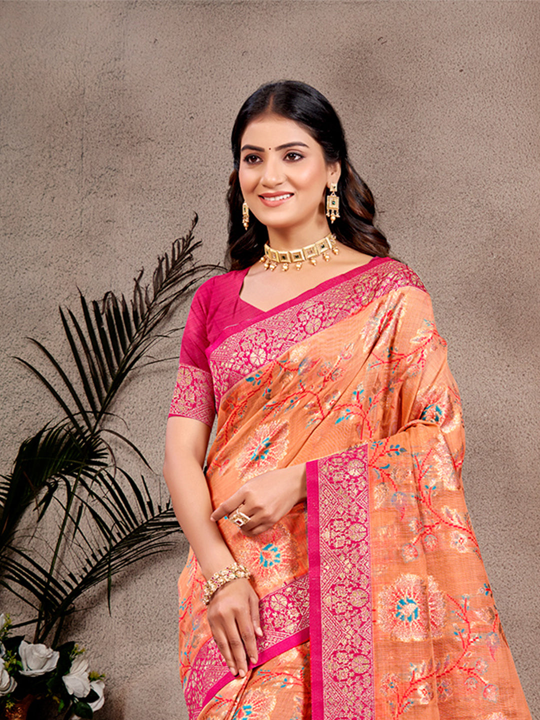 Sangam Prints Orange  Cotton Silk With Meena Woven Work Traditional Saree