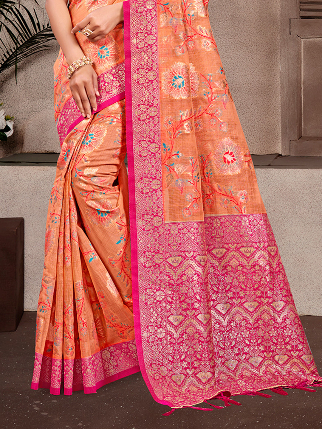Sangam Prints Orange  Cotton Silk With Meena Woven Work Traditional Saree