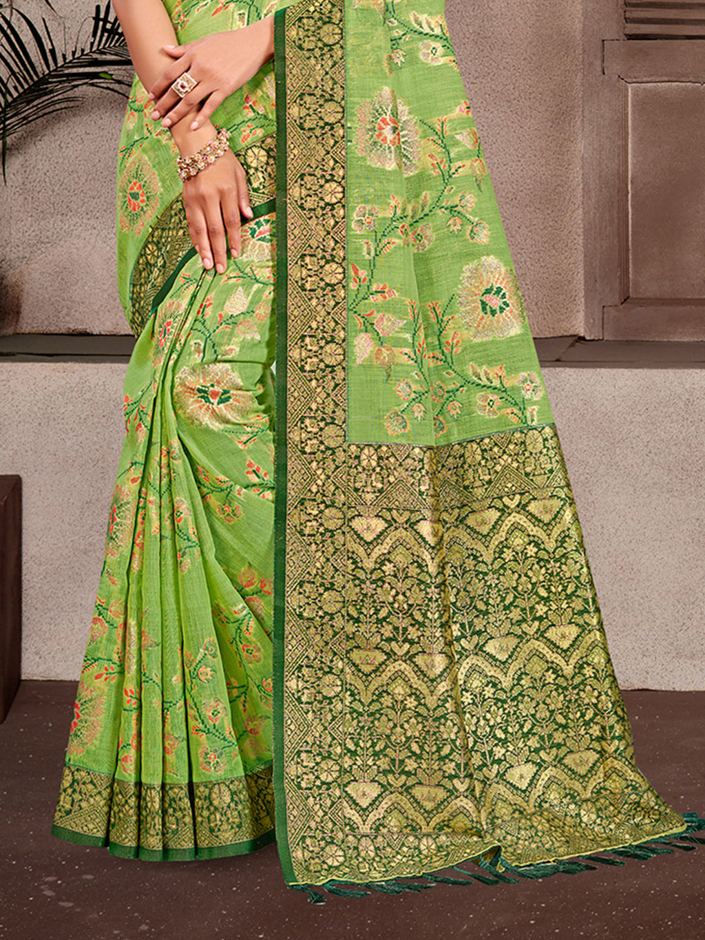 Sangam Prints Light Green Cotton Silk With Meena Woven Work Traditional Saree