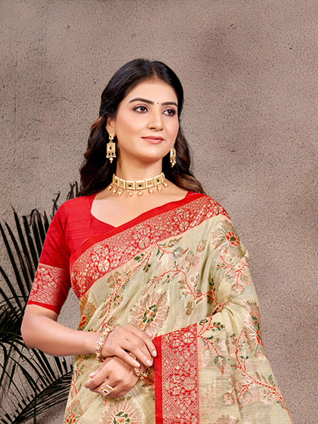 Sangam Prints Beige Cotton Silk With Meena Woven Work Traditional Saree