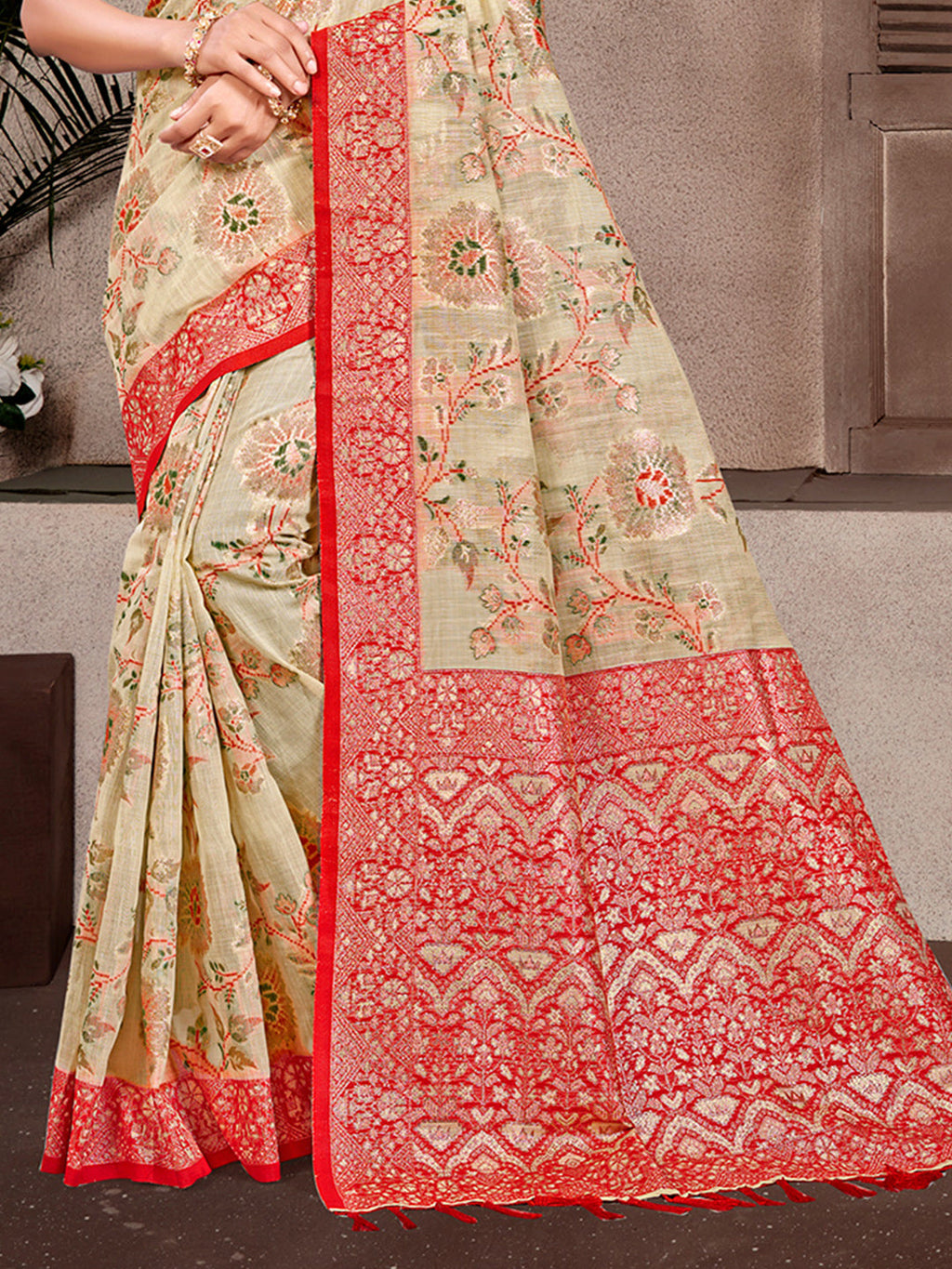 Sangam Prints Beige Cotton Silk With Meena Woven Work Traditional Saree